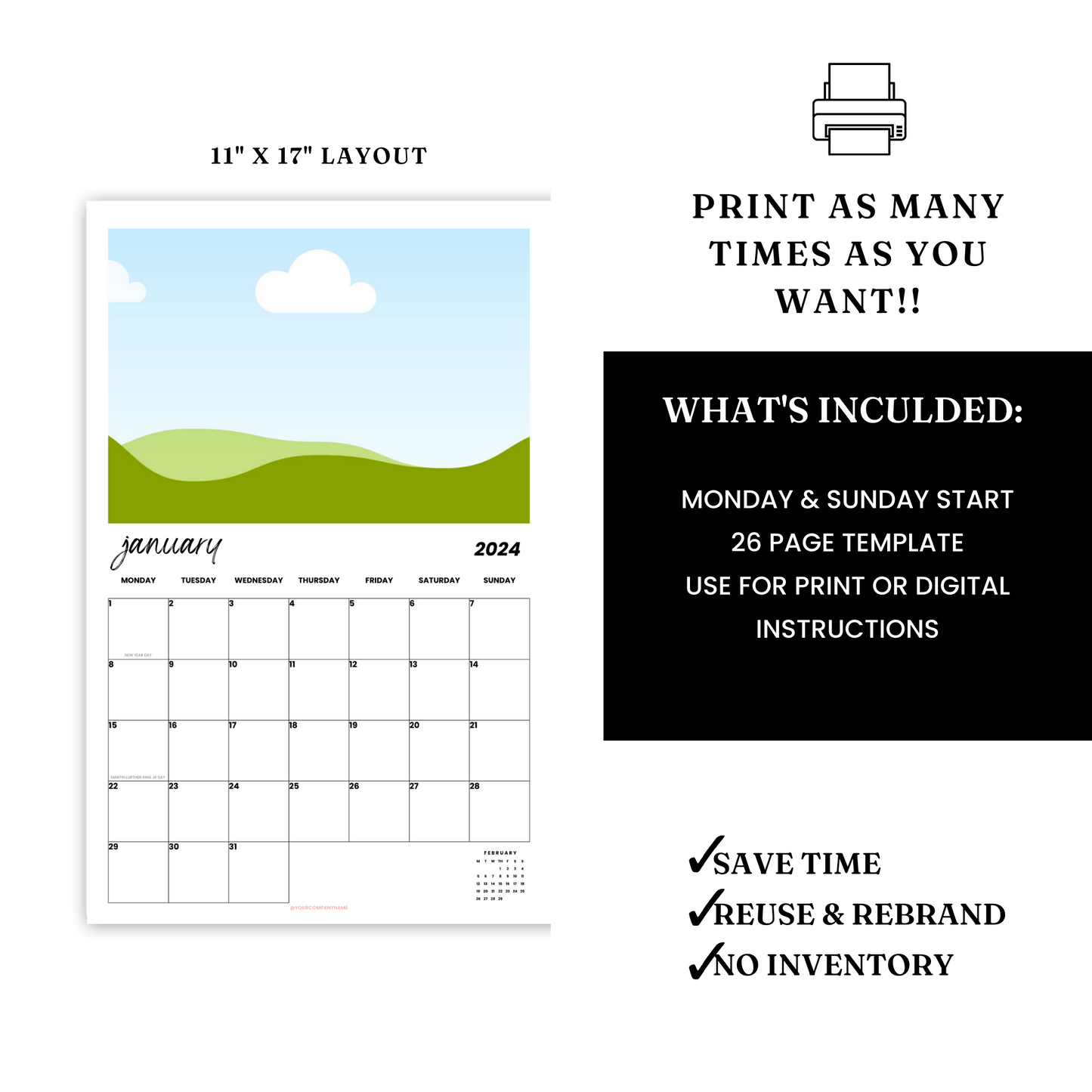2024 Printable Calendar Template - PLR