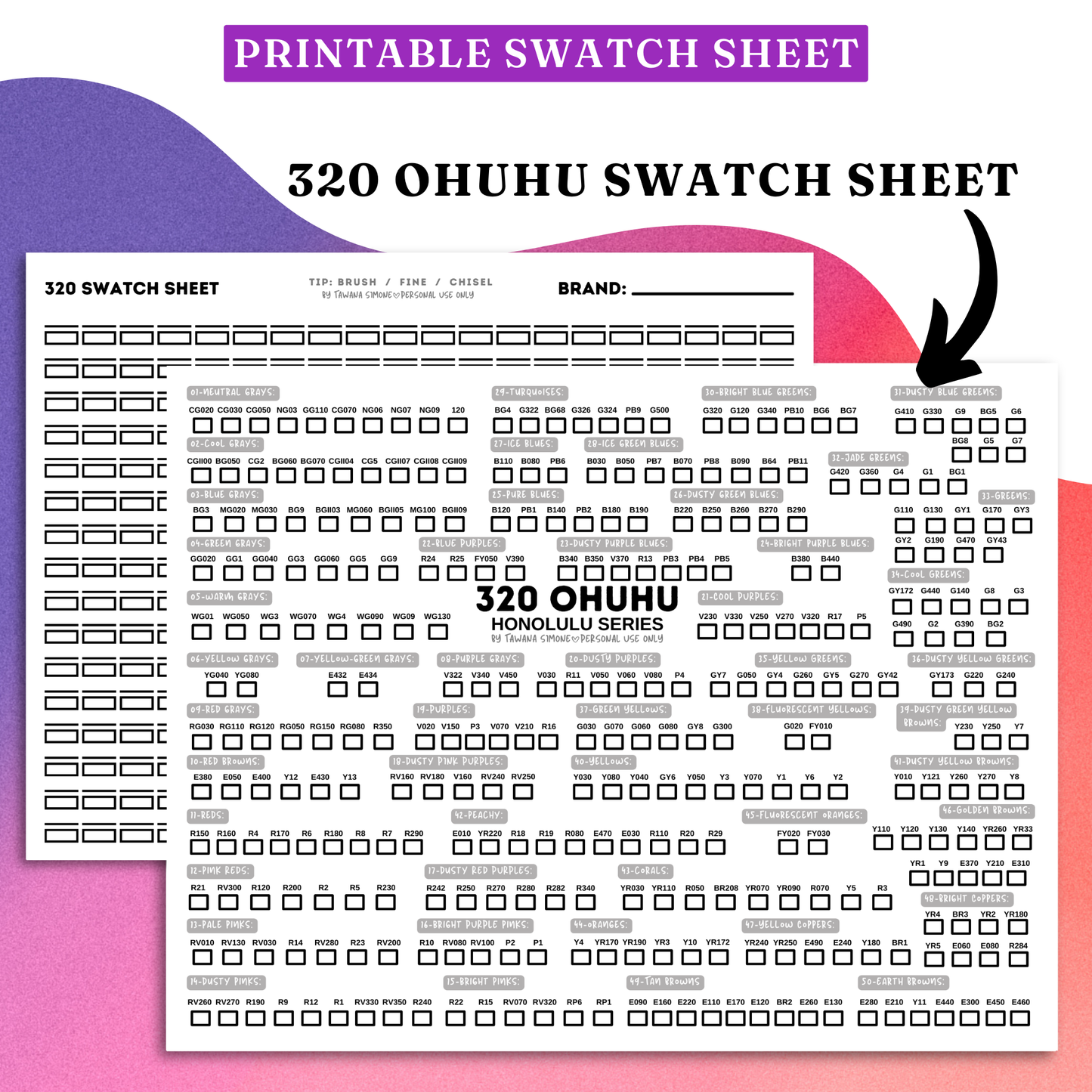 Ohuhu 320 Marker Swatch Sheet