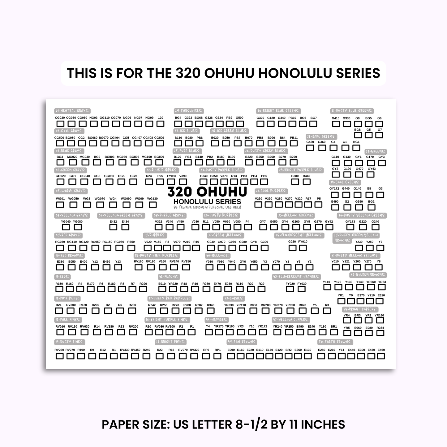 Ohuhu 320 Marker Swatch Sheet