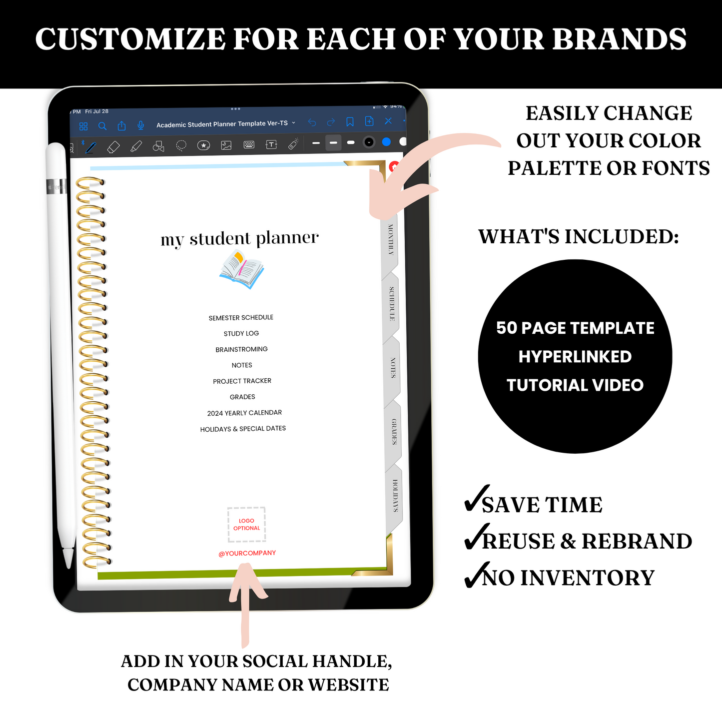 Digital Academic Student Planner Template - PLR