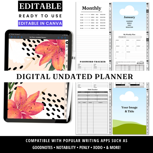 Undated 12 Month Digital Planner Template - PLR