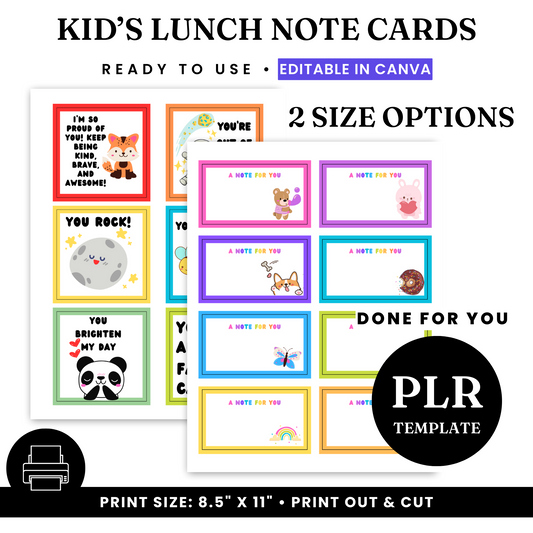 Kids' Lunch Note Cards Template - PLR